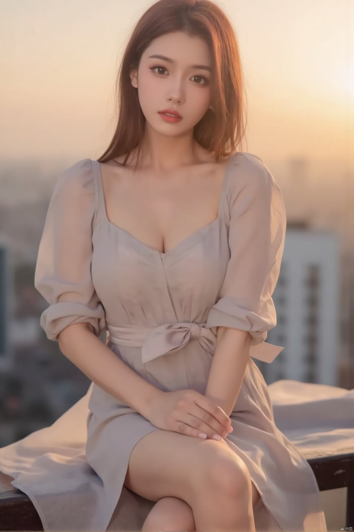 (a person on balcony, long flowing hair, light-colored dress, leg crossed, beautiful detailed eyes,beautiful detailed lips,extremely detailed eyes and face,long eyelashes, serene expression, delicate features, soft lighting, warm sunset, cityscape in background, elegant posture, subtle makeup, gentle breeze, (best quality,4k,8k,highres,masterpiece:1.2),ultra-detailed,(realistic,photorealistic,photo-realistic:1.37),HDR,studio lighting,ultra-fine painting,sharp focus,physically-based rendering,extreme detail description,professional,vivid colors,bokeh,portrait,soft pastel tones,romantic atmosphere)