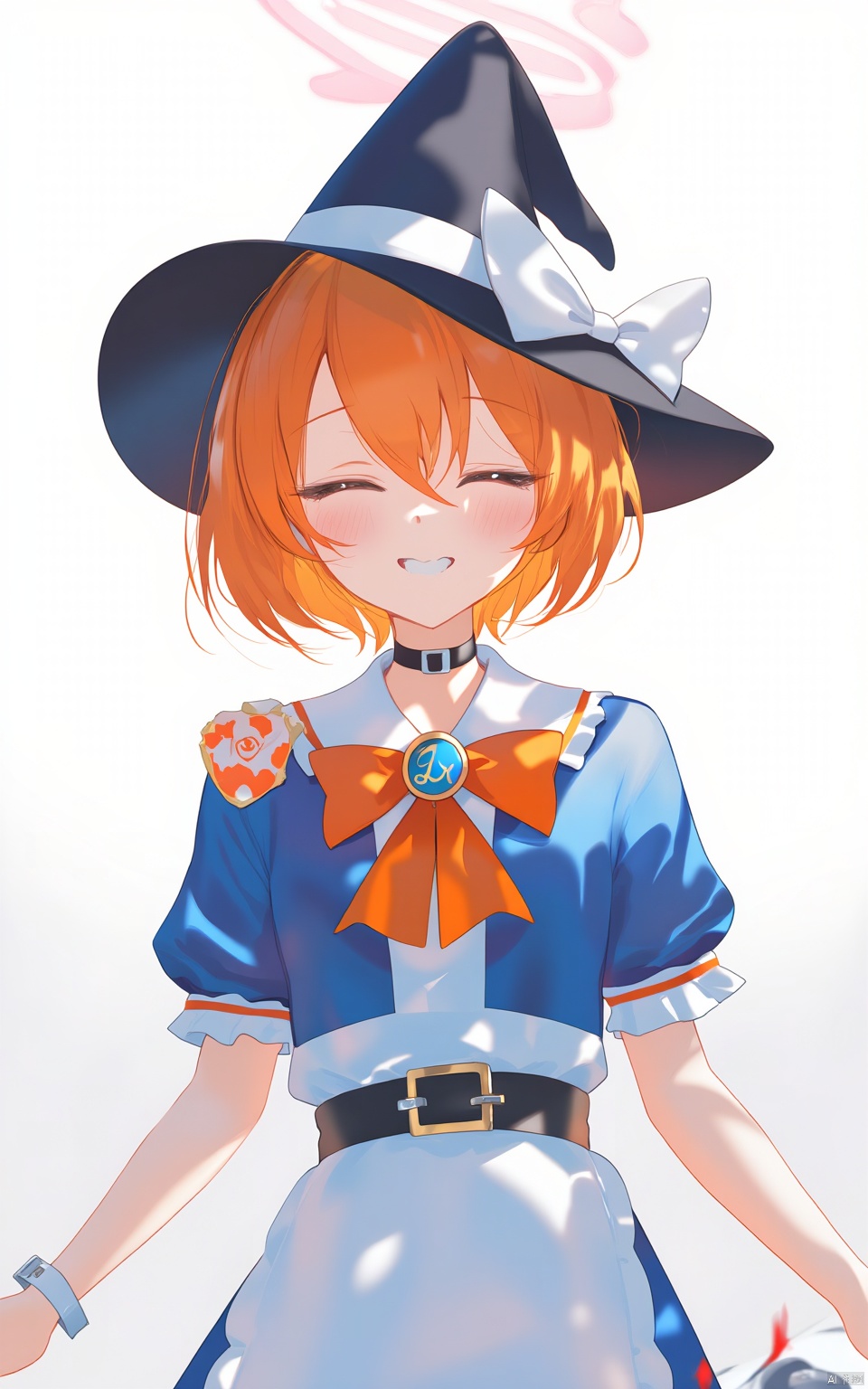 a cartoon girl with orange hair and a black pointed hat stands against a stark white backdrop. The character is dressed in a blue and white outfit, adorned with a black belt with a white emblem on the front. The outfit is adorned with orange ribbons, a blue bow, and a blue ribbon. The girl's hair is a vibrant shade of orange, adding a pop of color to the scene. 