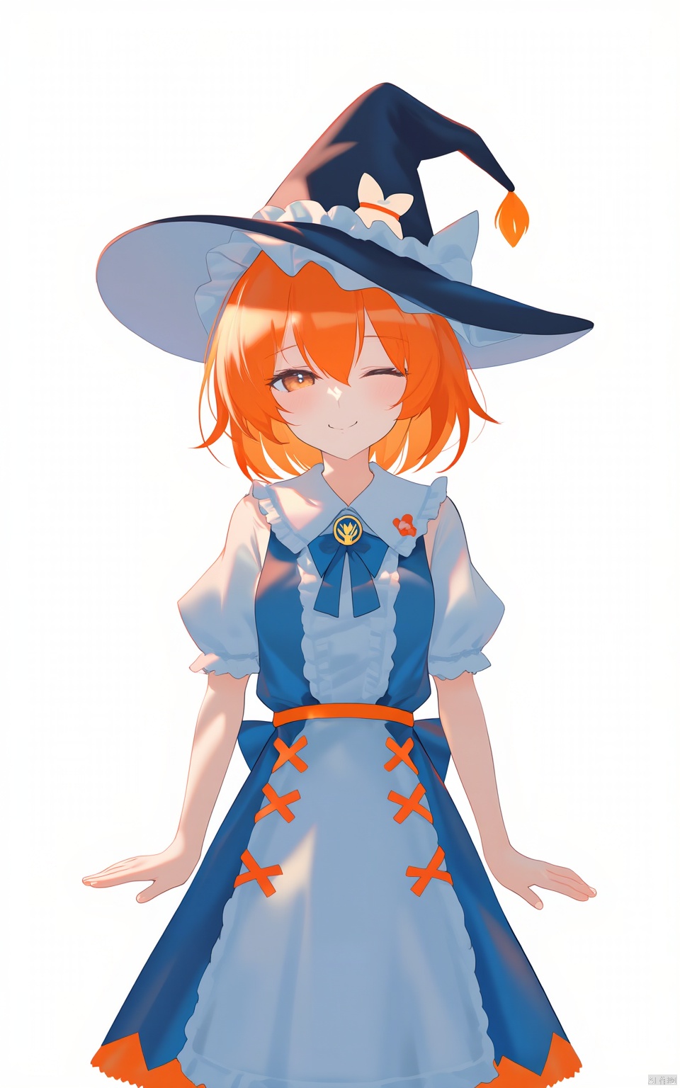 a cartoon girl with orange hair and a black pointed hat stands against a stark white backdrop. The character is dressed in a blue and white outfit, adorned with a black belt with a white emblem on the front. The outfit is adorned with orange ribbons, a blue bow, and a blue ribbon. The girl's hair is a vibrant shade of orange, adding a pop of color to the scene. 