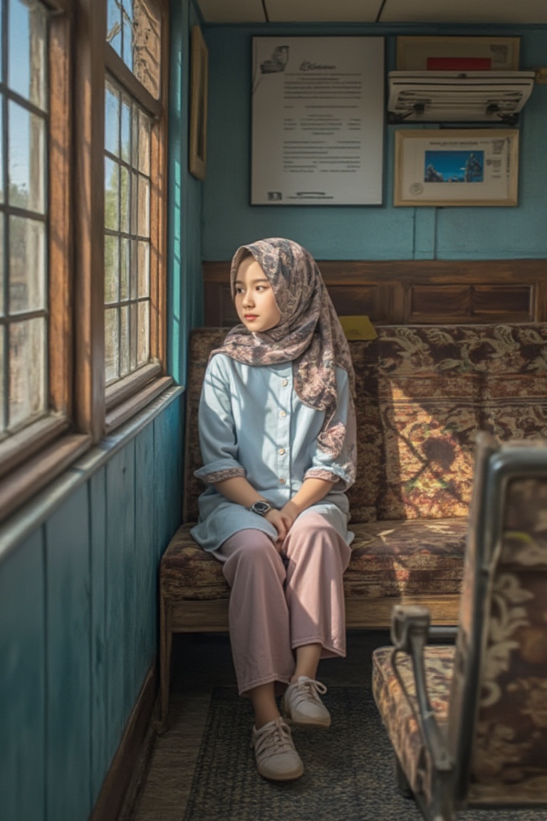 A young hijab-clad girl sits serenely on a vintage train,  dressed in pastel casual attire,  as warm sunlight pours throug...