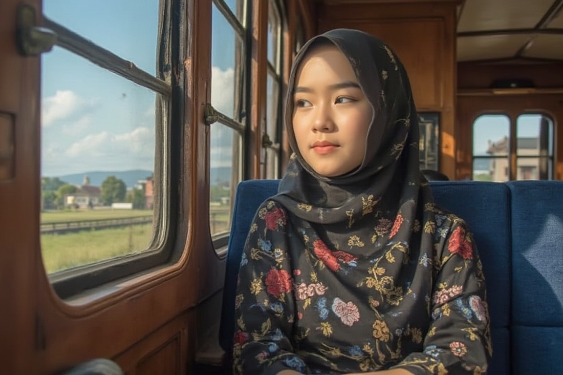 A young hijab girl sits contemplatively on a vintage train,  the warm sunlight filtering through the windows casting gentl...