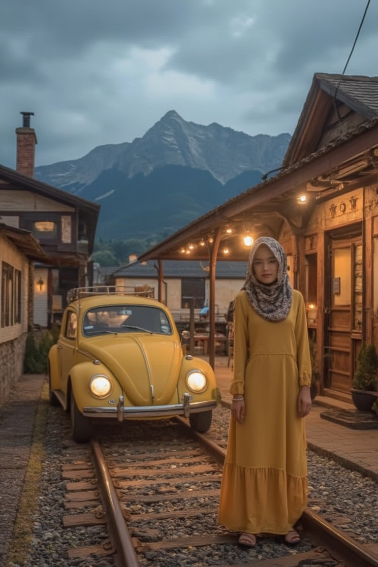 A HDR moody evening in a quaint small town nestled beside a majestic mountain range. A white Hijabi youthful woman with Ye...
