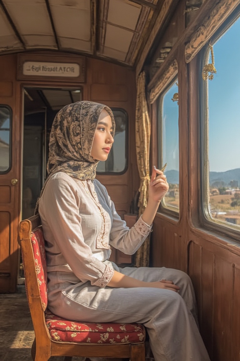 A young hijab girl in pastel casual outfits sits contemplatively on a vintage train,  the warm sunlight filtering through...