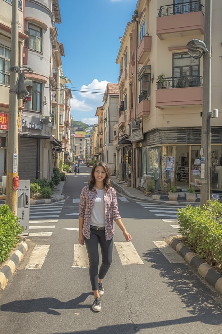 A hijabi young woman strolls down a shaded walkway lined with shoplots and AWA buildings,  her bright smile radiating as s...