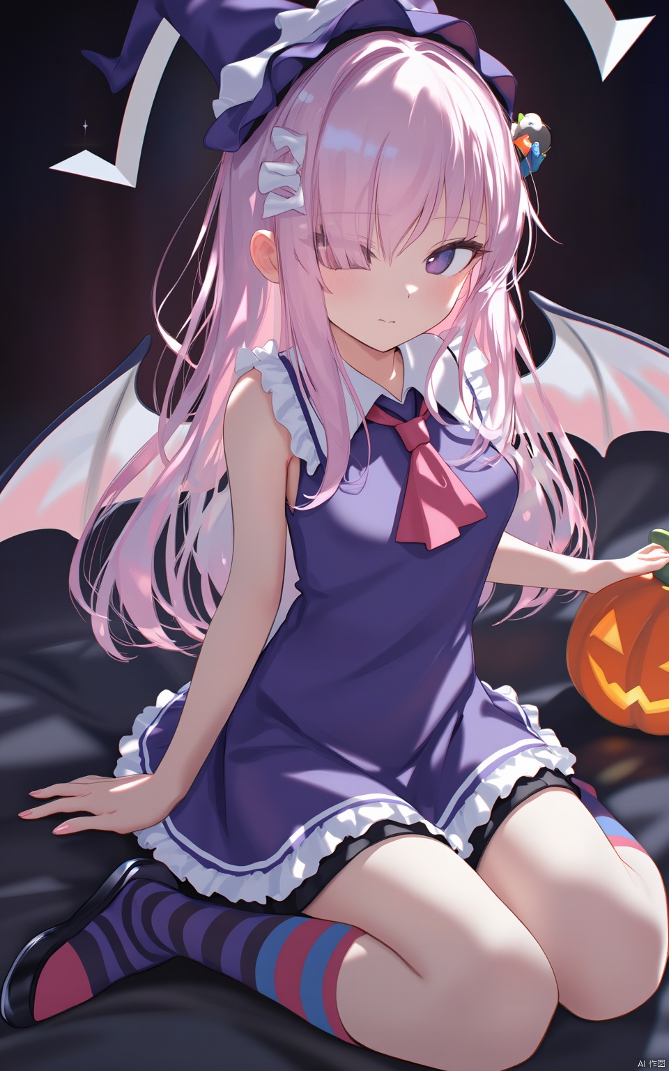 An animated cartoon girl with pink hair and blue eyes. She is wearing a purple dress with white stripes and black shoes. Her socks are striped and black. Her eyes are blue. Her hair is a light pink color and she has a white bow in her hair. There is a pumpkin to her right. The background is black with white stars.