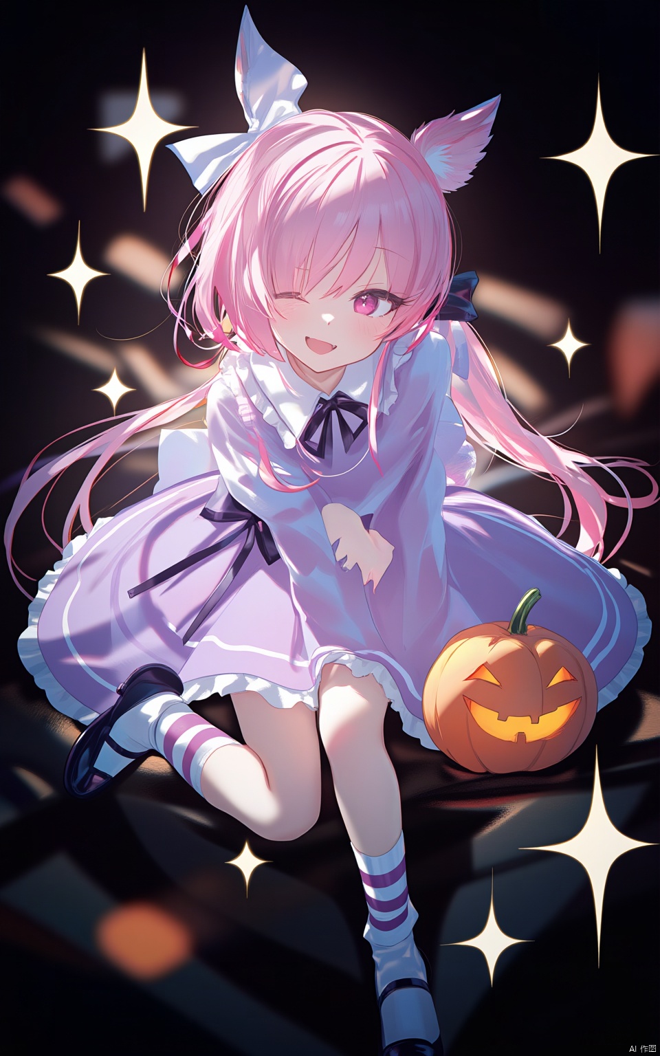 An animated cartoon girl with pink hair and blue eyes. She is wearing a purple dress with white stripes and black shoes. Her socks are striped and black. Her eyes are blue. Her hair is a light pink color and she has a white bow in her hair. There is a pumpkin to her right. The background is black with white stars.