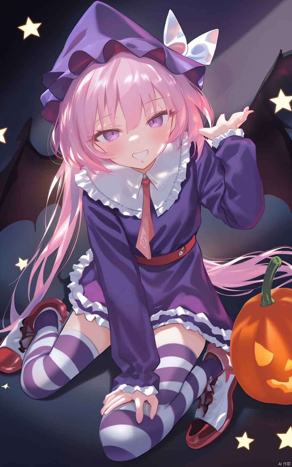 An animated cartoon girl with pink hair and blue eyes. She is wearing a purple dress with white stripes and black shoes. Her socks are striped and black. Her eyes are blue. Her hair is a light pink color and she has a white bow in her hair. There is a pumpkin to her right. The background is black with white stars.
