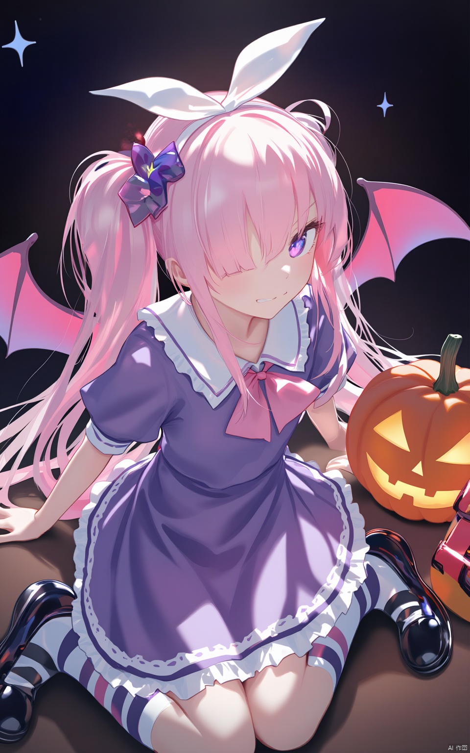 An animated cartoon girl with pink hair and blue eyes. She is wearing a purple dress with white stripes and black shoes. Her socks are striped and black. Her eyes are blue. Her hair is a light pink color and she has a white bow in her hair. There is a pumpkin to her right. The background is black with white stars.