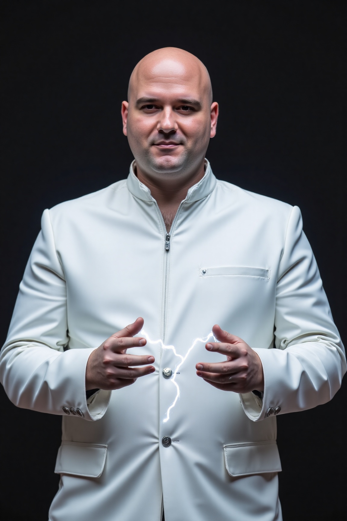 A high-resolution photograph of Rob Cross,  a bald man wearing a suit made of white ceramic. His hands are outstretched,...