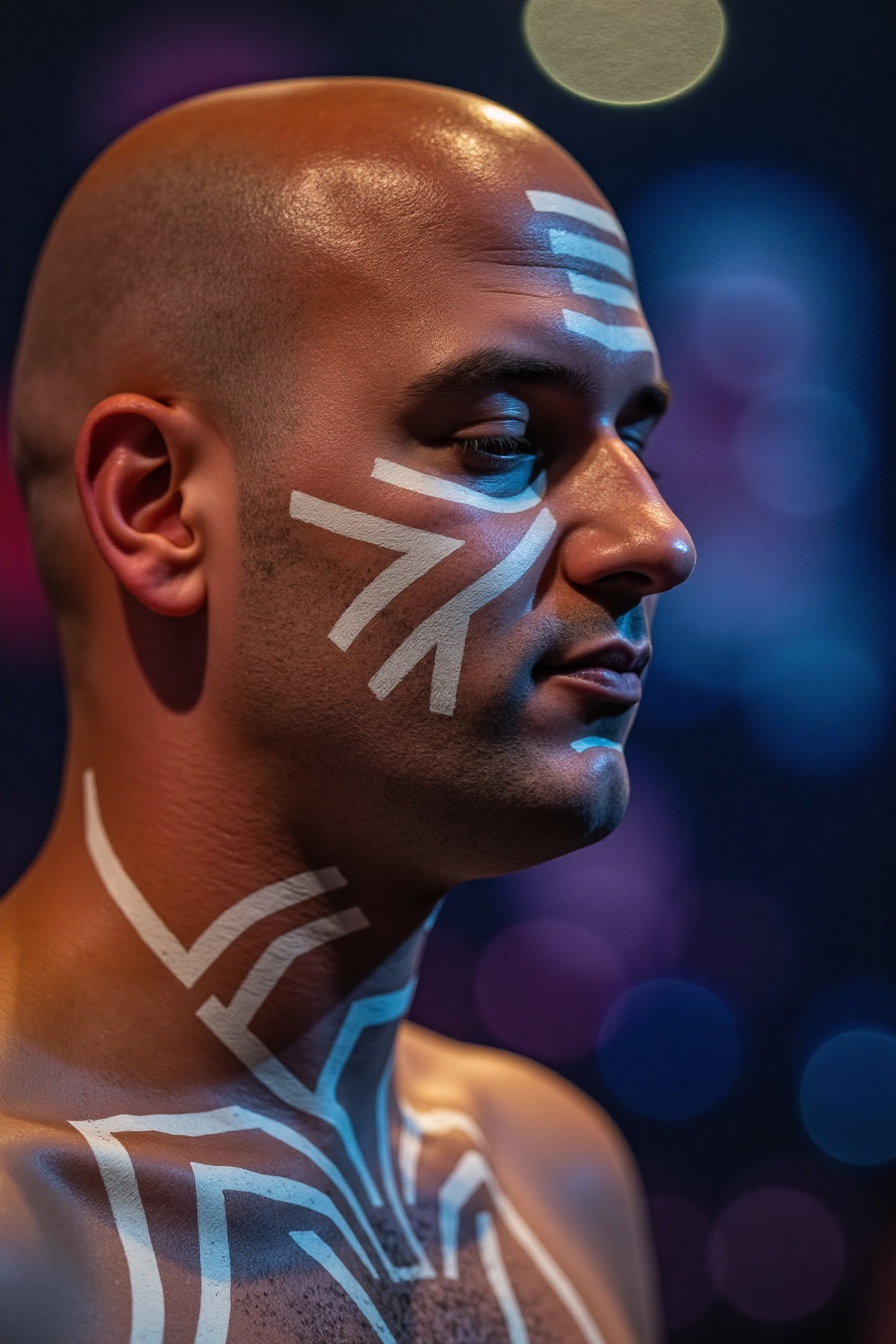 The image is a high-resolution photograph of Rob Cross,  a bald man with light skin and swirling patterns painted in white...