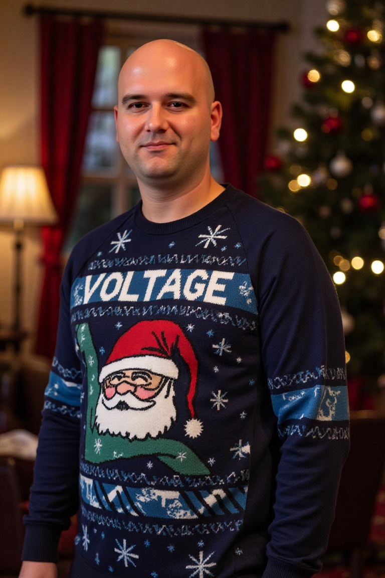 The image is a high-resolution photograph of Rob Cross,  wearing a Christmas themed sweater with the words "VOLTAGE" knitt...