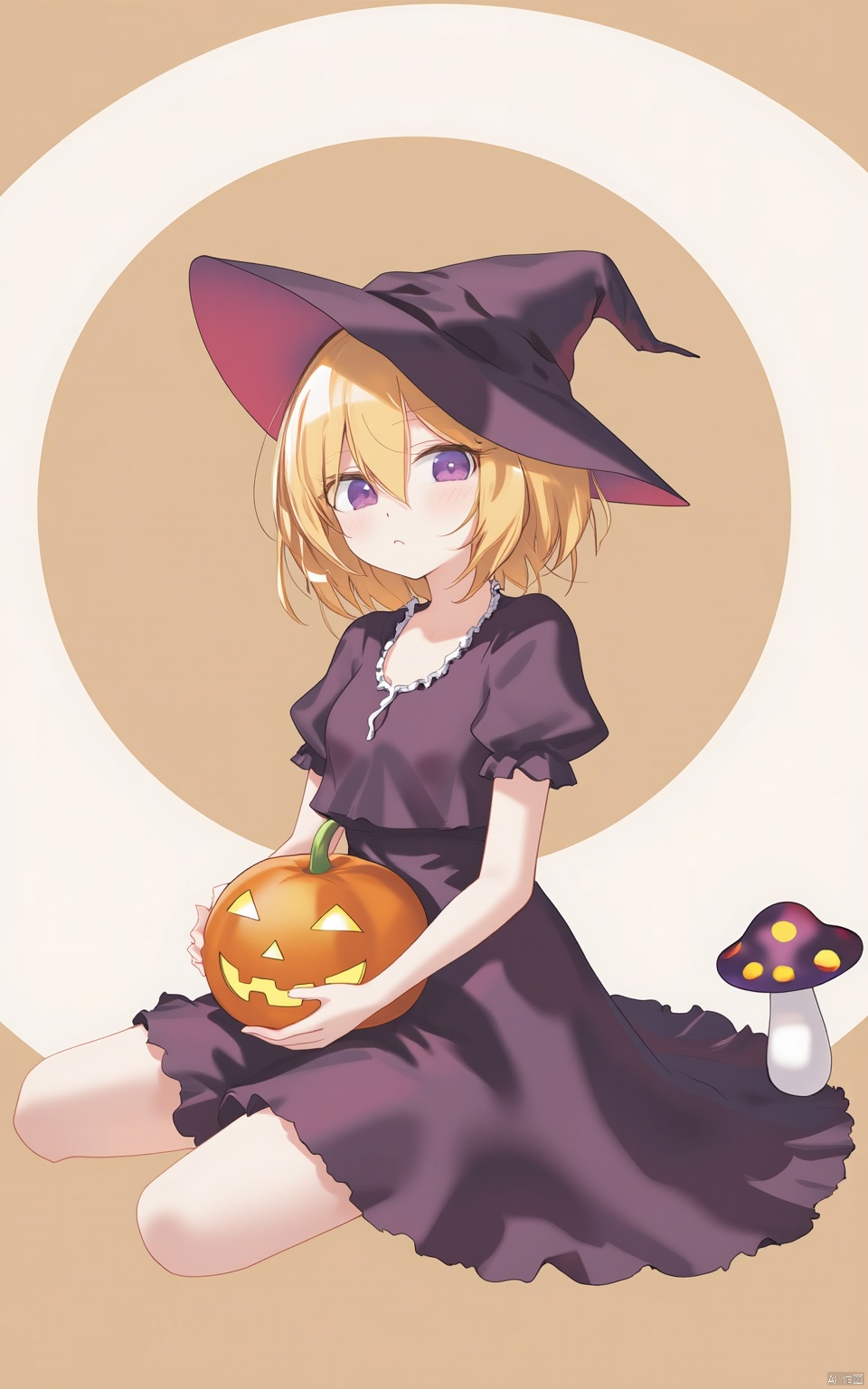 A cartoon drawing of a witch sitting on the ground. She is wearing a purple dress and a black witch hat. She has blonde hair and blue eyes. Her eyes are blue. Her hands are holding a pumpkin. There is a mushroom to the right of her. The background is a light brown circle.