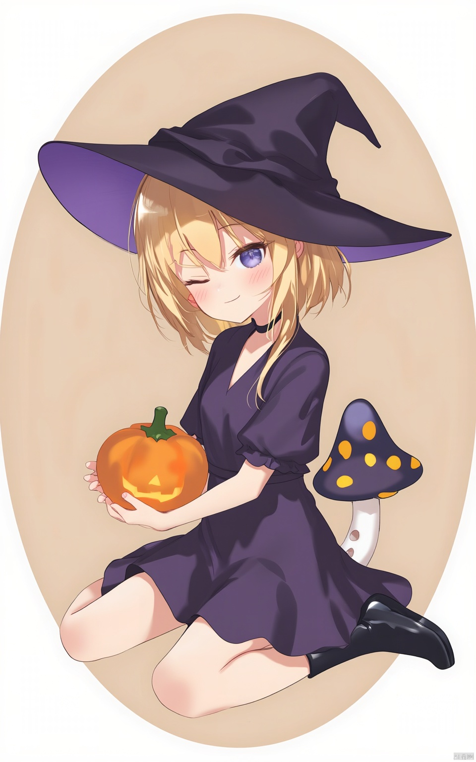 A cartoon drawing of a witch sitting on the ground. She is wearing a purple dress and a black witch hat. She has blonde hair and blue eyes. Her eyes are blue. Her hands are holding a pumpkin. There is a mushroom to the right of her. The background is a light brown circle.