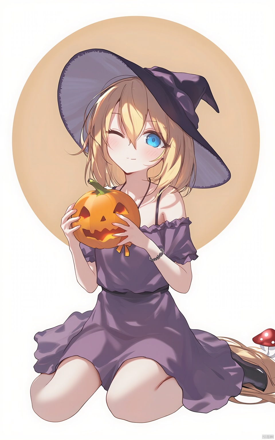 A cartoon drawing of a witch sitting on the ground. She is wearing a purple dress and a black witch hat. She has blonde hair and blue eyes. Her eyes are blue. Her hands are holding a pumpkin. There is a mushroom to the right of her. The background is a light brown circle.