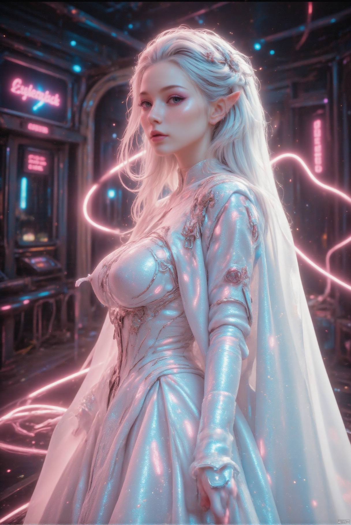 Beautiful female elf, elf with long silver hair, elf in beautiful white wedding dress, surreal photo, fantasy castle, neon colors, high contrast, fantasy, realistic details, high resolution, lord of the rings, maverick, movie stills, movie stills, beautiful western castle in the background, nebula, galaxy in the background, light, electric arc,noc-detail,CYBERPINK
