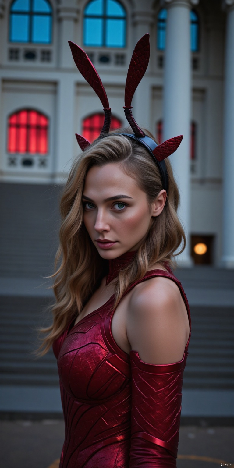 The image is a high-resolution photograph featuring a woman standing in an outdoor setting with a modern architectural backdrop. The woman, who appears to be in her late 20s to early 30s, has light skin and long, wavy, golden-brown hair that cascades past her shoulders. She is wearing a red, high-necked costume with intricate, metallic armor-like patterns, which accentuates her slender physique. Her eyes are a striking green, and she has a serious, contemplative expression. The woman's head is adorned with a pair of distinctive, red, winged headpieces that resemble the antennae of an insect, with a metallic sheen. These headpieces are connected to a dark, leather-like headband that wraps around her forehead, adding to her mysterious and otherworldly appearance. The background is a large, ornate building with arched windows and a white, columned facade. The windows are painted with a deep, rich blue and red hue, casting a dramatic light on the scene. The overall color scheme of the image is predominantly dark and muted, with the exception of the vivid red and blue tones from the windows, which add a sense of depth and contrast.,Gal Gadot