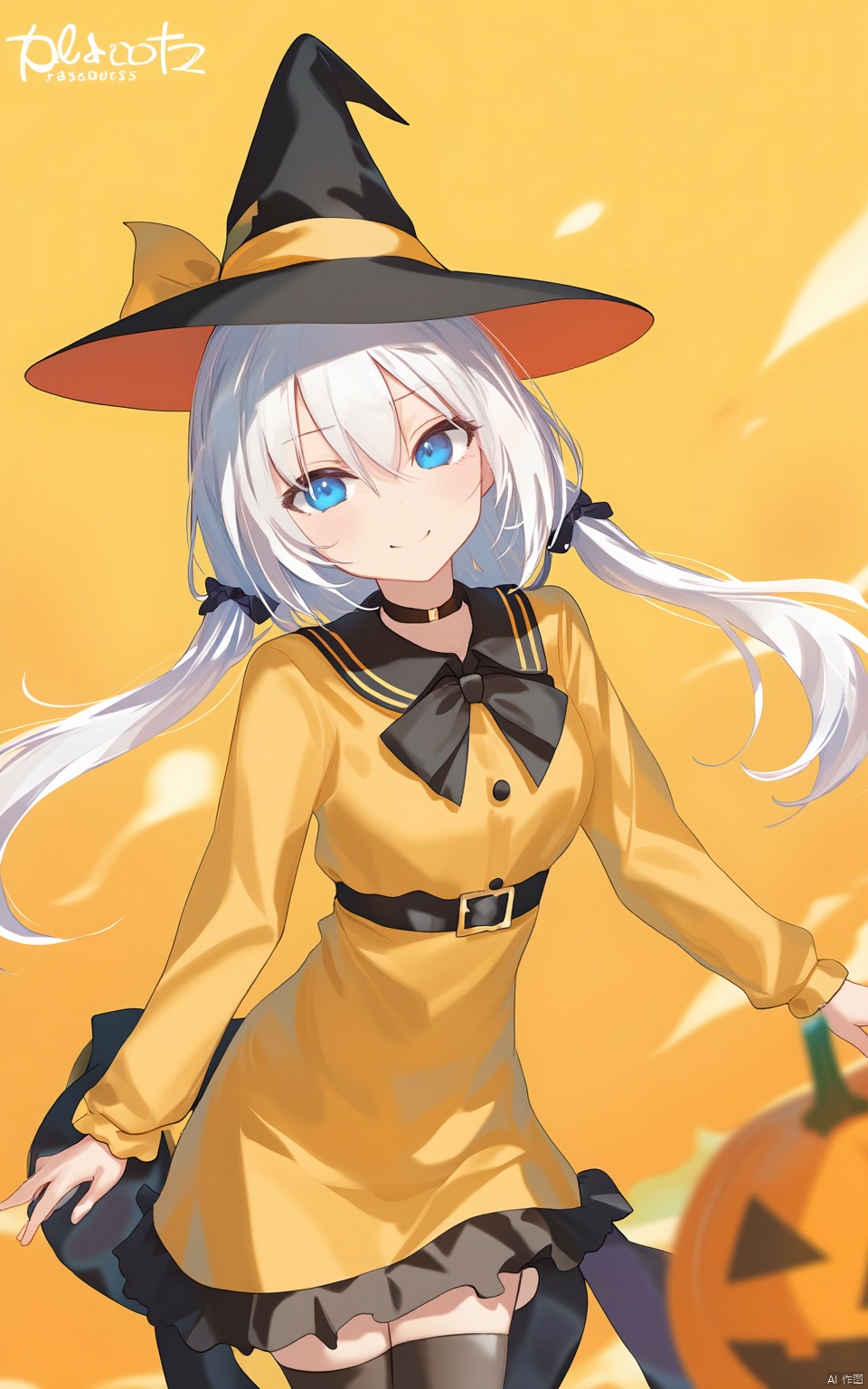 An animated image of a girl in a yellow dress with a black hat on her head. The girl has blue eyes and a black bow on her dress. There are pumpkins on the right and left side of the image. There is a yellow background behind the girl.