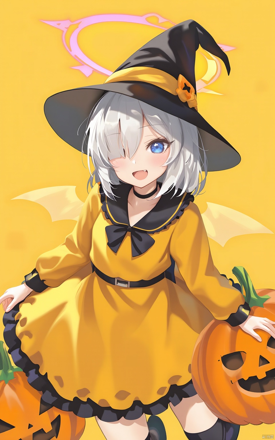 An animated image of a girl in a yellow dress with a black hat on her head. The girl has blue eyes and a black bow on her dress. There are pumpkins on the right and left side of the image. There is a yellow background behind the girl.