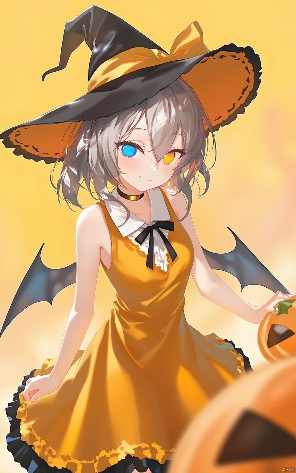 An animated image of a girl in a yellow dress with a black hat on her head. The girl has blue eyes and a black bow on her dress. There are pumpkins on the right and left side of the image. There is a yellow background behind the girl.