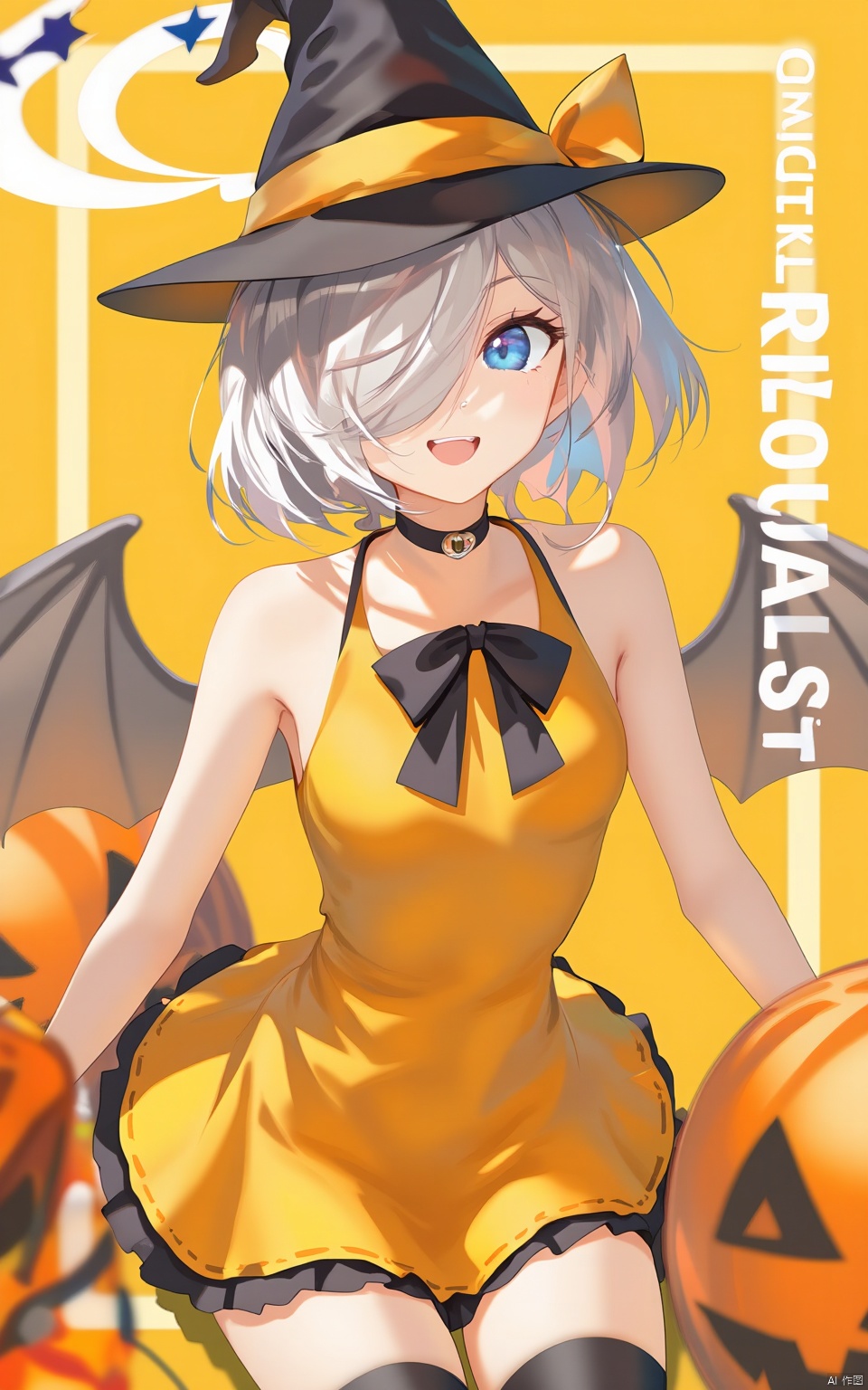 An animated image of a girl in a yellow dress with a black hat on her head. The girl has blue eyes and a black bow on her dress. There are pumpkins on the right and left side of the image. There is a yellow background behind the girl.