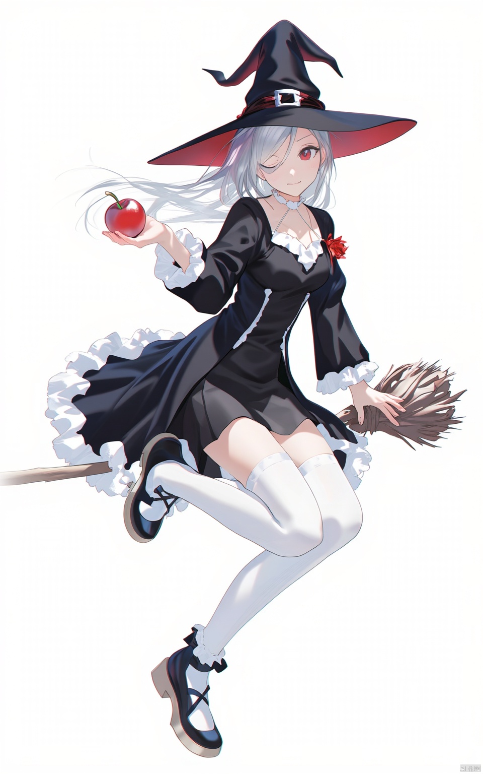 An animated image of a woman in a black dress and a black hat. The woman is riding a broomstick and a red apple in her hands. Her boots are black and white. The background is white.
