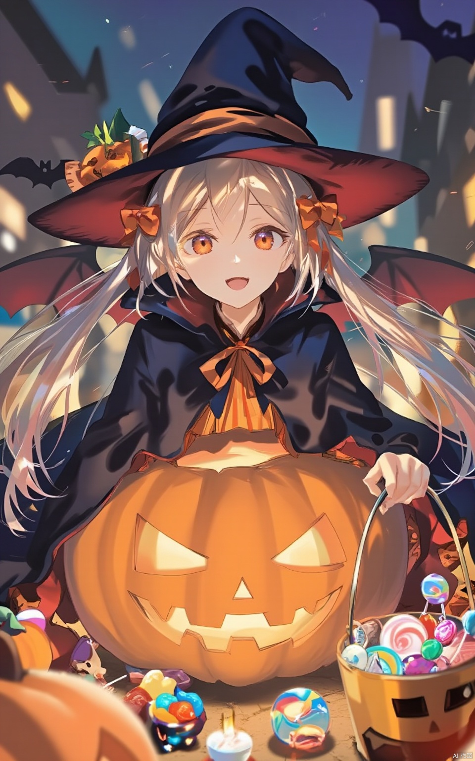 Pumpkin lantern, witch hat, Halloween, pumpkin, hat, Halloween bucket, bat, a girl, Halloween costume, long hair, open mouth, pumpkin hair accessory, ghost costume, happy Halloween, cloak, candy, dress, black headgear, black cloak, orange ribbon, red eyes, bat wings, long hair, witch_hat