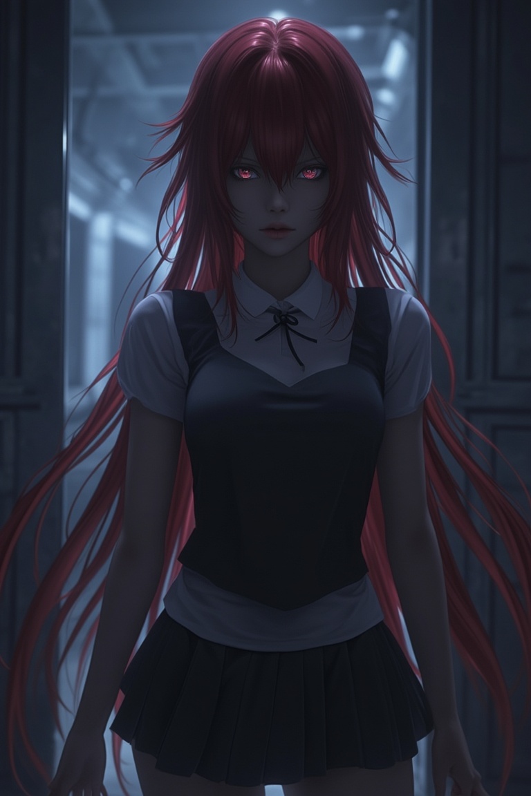 A haunted house interior,  Rias Gremory from High School DxD standing confidently,  dim flickering lights casting eerie sh...