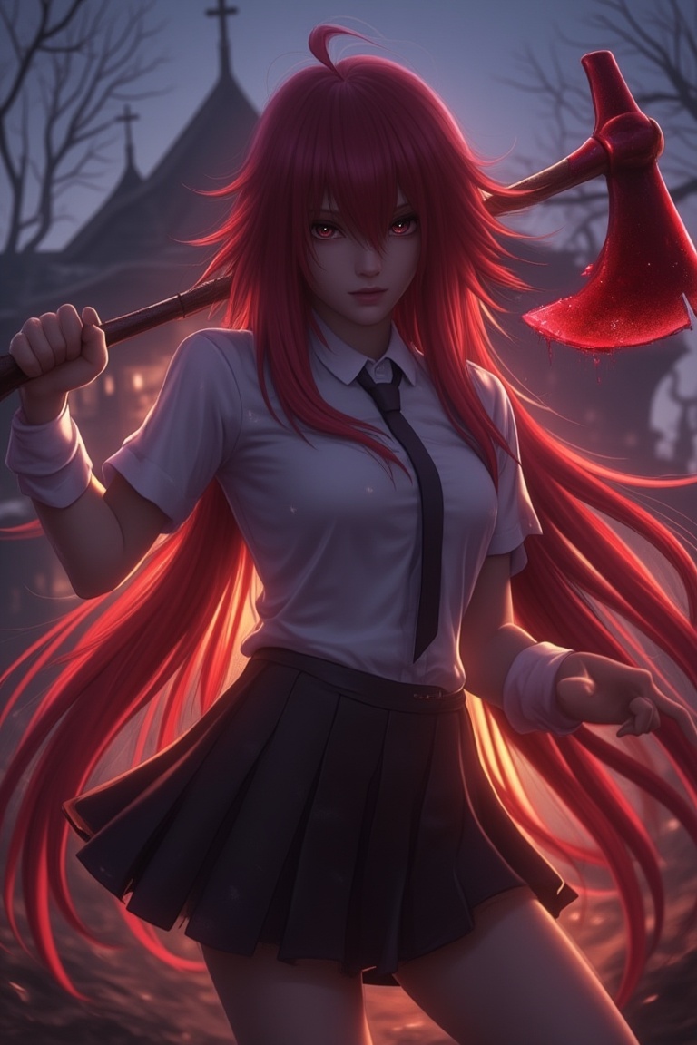 Evening scene,  Rias Gremory from High School DxD standing in front of a haunted house,  holding a bloody axe on Tensor.Art