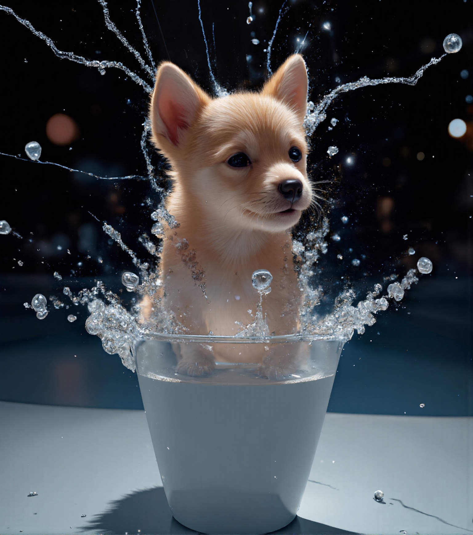 Ultra realistic illustration. Macro view,  water explosion on a glass,  scattering of water particles as flow of electrici...