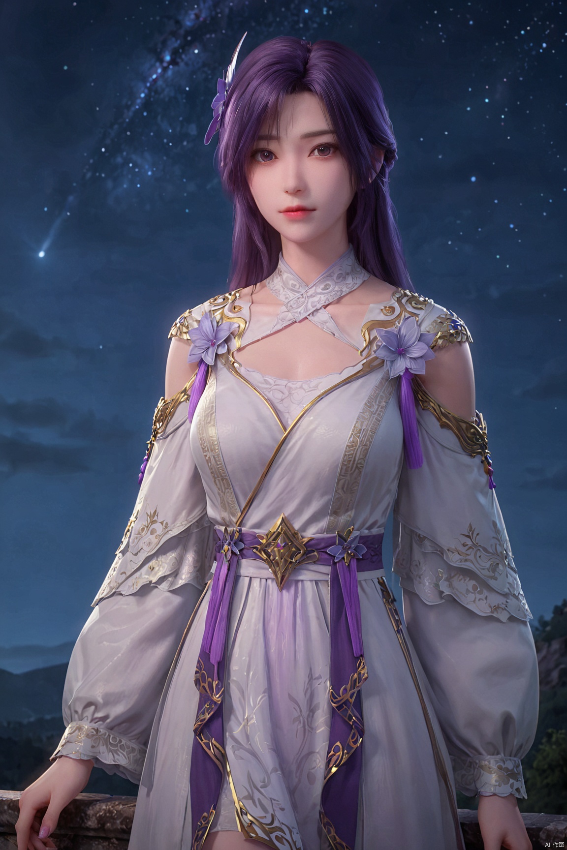 score_9_up,score_8_up,score_7_up,(Clear lines, high definition, Best quality,  masterpiece, 4K),1girl, shiny_skin,fair_skin,solo, long hair, looking at viewer,purple hair, black hair,hair ornament,  collarbone, off shoulder,white dress, clothing cutout,Standing on the hillside,night_sky,moonlight,start_(sky),night_sky,starry_sky,realistic,YX,