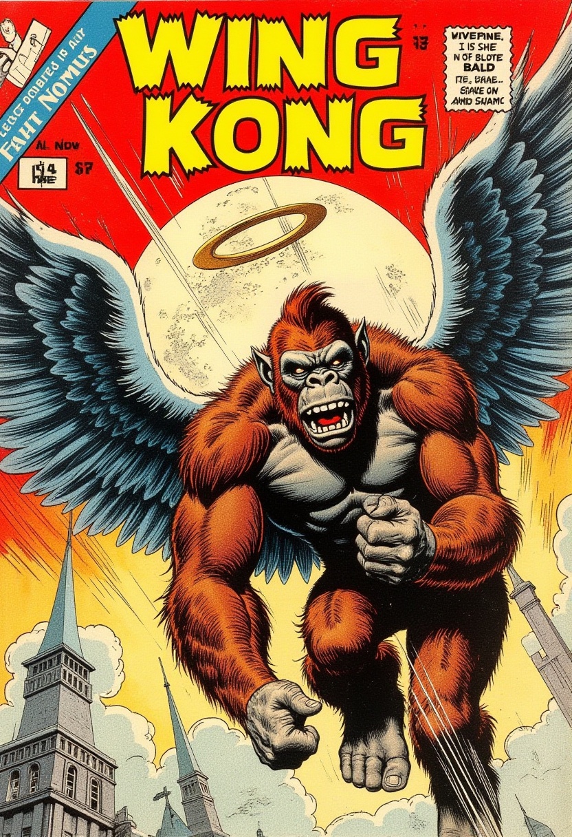 a vintage comic book with the title text "wing kong",  with angel wings on king kong. on Tensor.Art