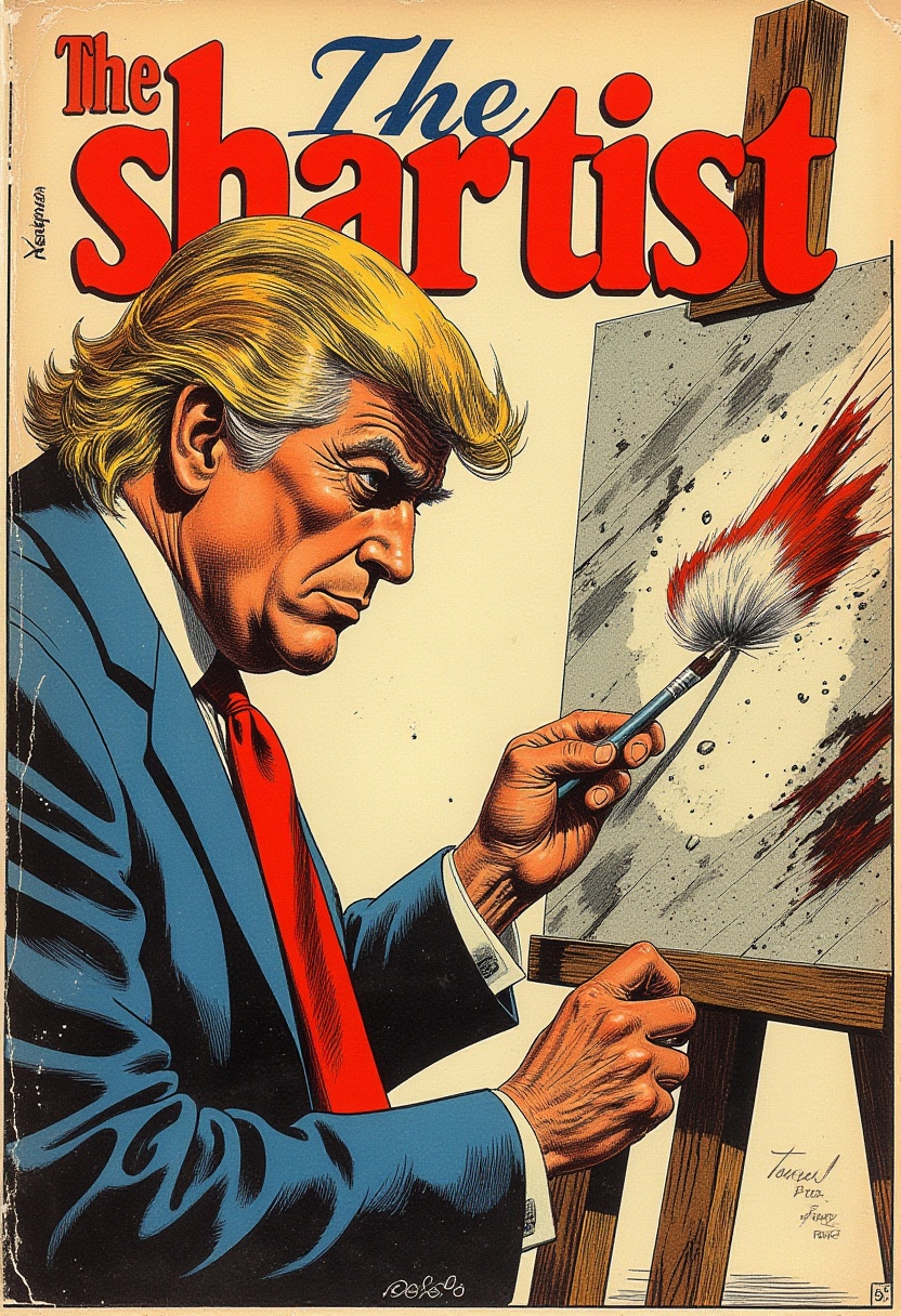 vintage comic book with the title text: "The shartist",  a breathtaking detailed illustration of Donald Trump as a painter...