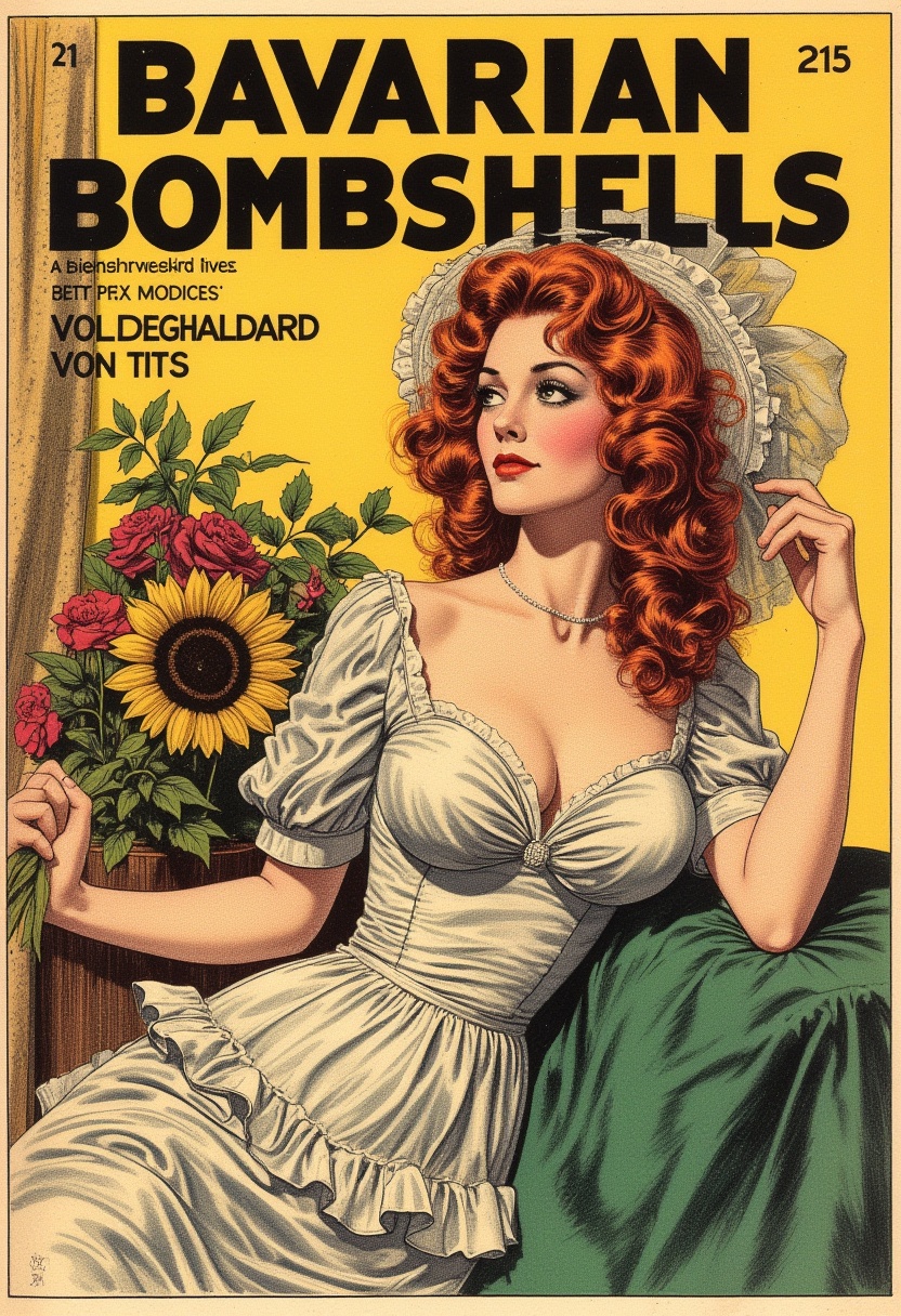 Vintage victorian comic magazine titled "Bavarian Bombshells",  with a beatrix potter style illustration of the beautiful...