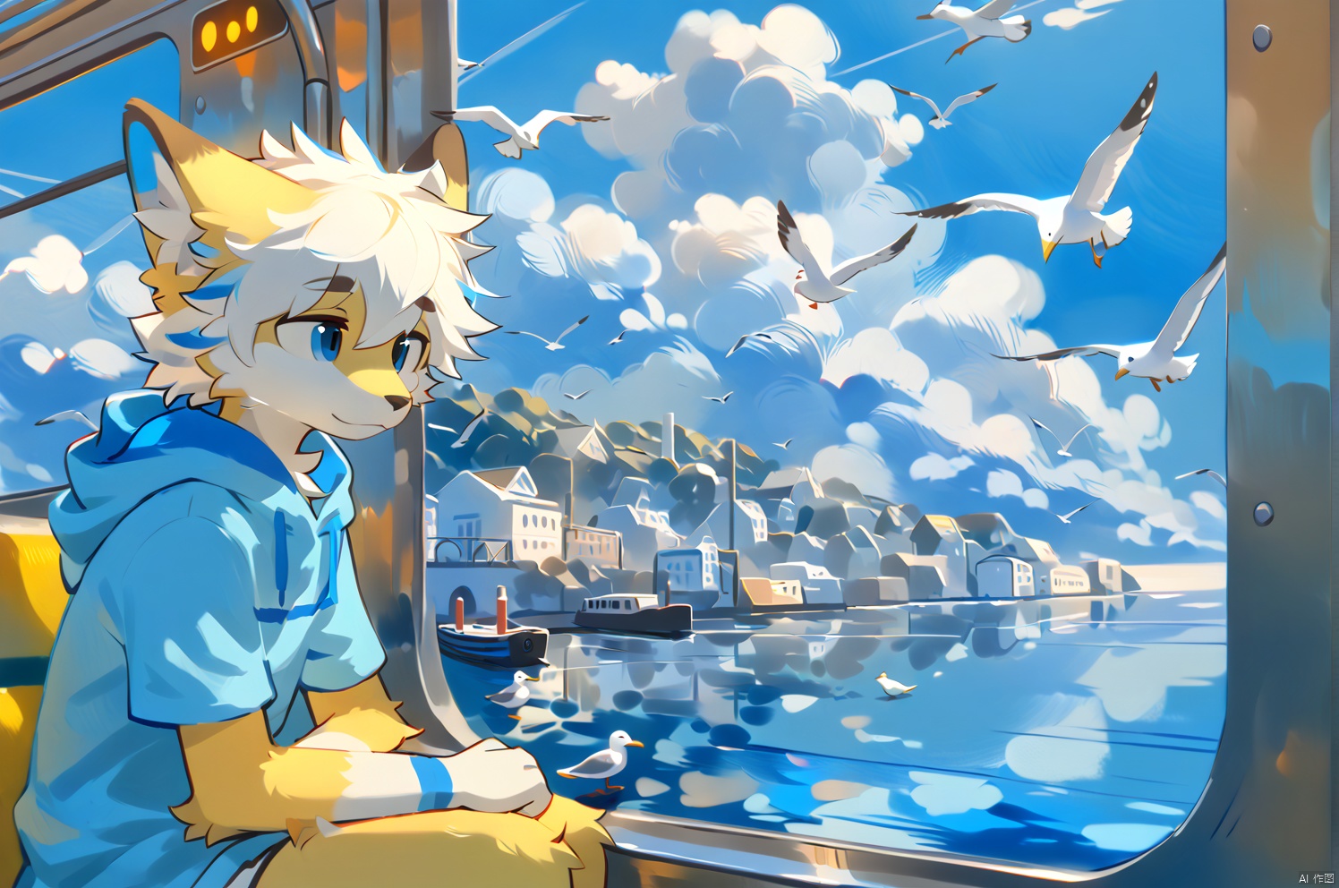 A boy was dozing off while sitting on the sea train. Outside the train window was the blue sea, which reflected the clouds in the sky. The sea was calm and seagulls flew over from time to time.source-furry,white socks,short,