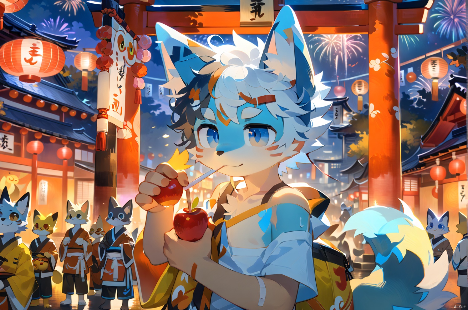 A boy with a fox mask on his forehead and a collarbone-length haircut with messy curls dons cat ears, his red and blue eyes gleaming amidst thick eyebrows. A scar adorns his nose as he gazes upwards, doggy eyes locked onto the night sky filled with fireworks. His orange scrubbed white hair flows in the gentle breeze, exposing his right shoulder as he stands barefoot near a torii gate at a lively festival. In one hand, he holds a handheld apple candy, while the other weaves feathers for a shrine. A bandaid wraps around his leg, and a bichu tail hangs down behind him. The cityscape sprawls out in the distance, illuminated by the vibrant lights of the festival.