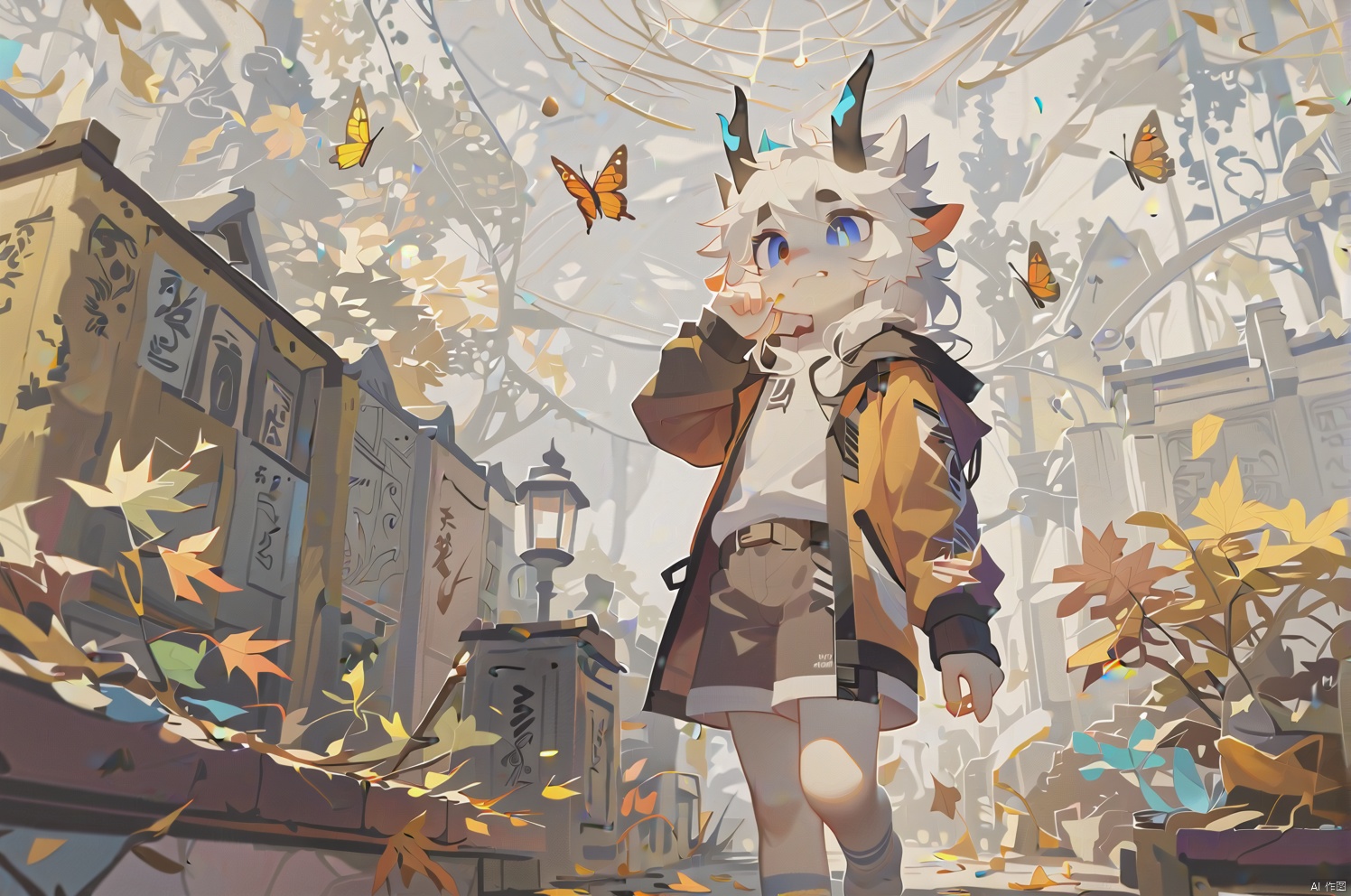 (masterpiece),(best quality),illustration,ultra detailed,hdr,Depth of field,(colorful),artist:wanke,artist:tianliang duohe fangdongye,bright outline,1girl, solo,dragon girl,slit pupils,blue pupils,glowing eyes,horns,long hair, floating hair, white hair, dragon tail, shiny butterfly, glowing butterfly, soft lawn, warm colors, Tyndall effect, Tyndall light, white long shirt, black sleeveless jacket, orange transparent sleeves, transparent Ceiling, fallen leaves, maple leaves, autumn, between two rows of trees there is a road filled with fallen leaves, in the middle of the road there is a beam of light shining on a sword stuck in the ground, sacred, ancient, side shot, wide angle shot, shorts, stepping Foot socks, hanging,transparent,transparent wings,Leather gloves, sharp teeth, mouth drool, clear glass strips, ancient wooden swords engraved with golden runes, foot socks, light gray foot socks, the bottom of the foot socks fades to black,source-furry,bichu