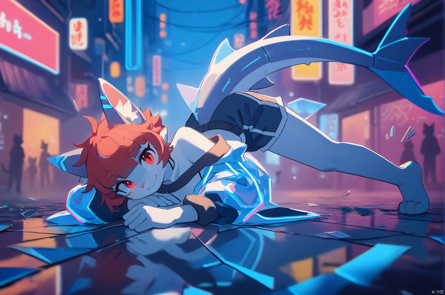 Depth of field, masterpiece,illustration,best quality,blue outline,streets with neon lights,blue fluorescent coatings,solo,from above,silhouette,partially colored,alternate color, High Angle ,dark violet shadow,synth wave,chromatic aberration,perfect shadow,wearing an off- shoulder floating jacket,bare shoulder,beautiful and delicate eyes,delicate background,blue neon light, red hair, red eyes, short hair, pointy ears,blunt bangs, smile,1boy,source-furry,hongkong street,Floating holographic display screen,Neon billboard,shorts,bare foot,cat ear,shark tail,lFall backwards,falling_side,vcore_9,score_8_up,score_7_up,solo,glass shards, reflection, broken glass,upside_down