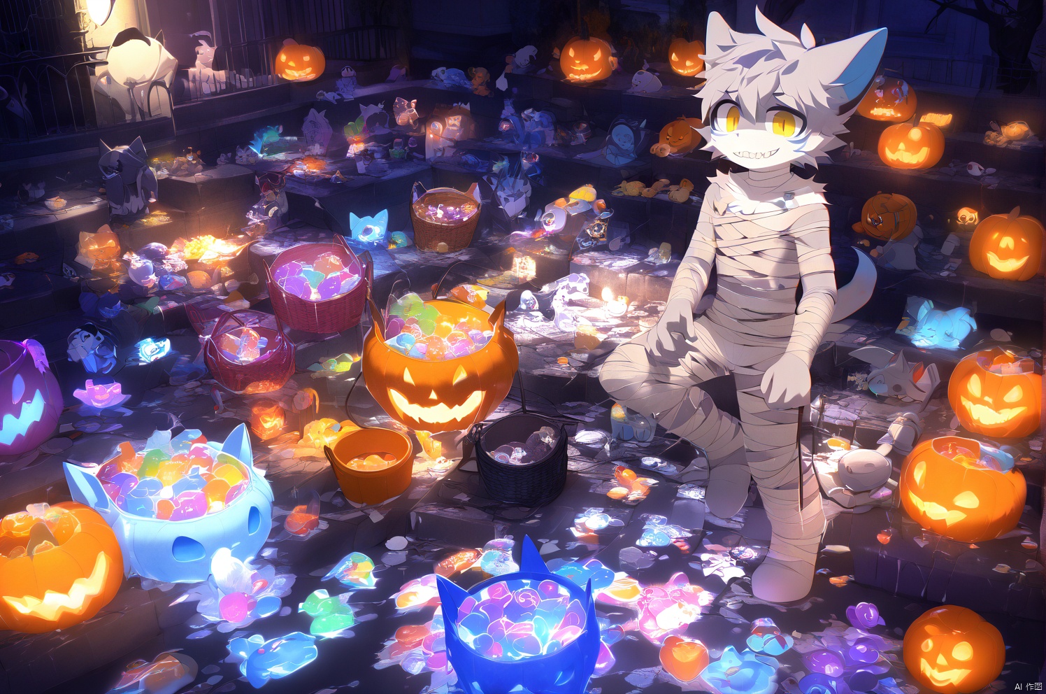  full body, shiny skin,The pumpkin basket contains brain shaped gummies,crowded,night,bat, grey cat ear,yellow eyes,A huge shark tail,Ghosts wander aimlessly,blue fire,1boy,source0-furry,Shark Teeth,Tombstone, Blood splatter, cat boy,overed in glowing, colorful tattoos,The bucket with a skull like appearance is filled with blood constantly overflowing,1boy, Dress up as a Halloween mummy,Bandage packaging,Wrapped in loose bandages all over, occasionally leaking out of the skin,