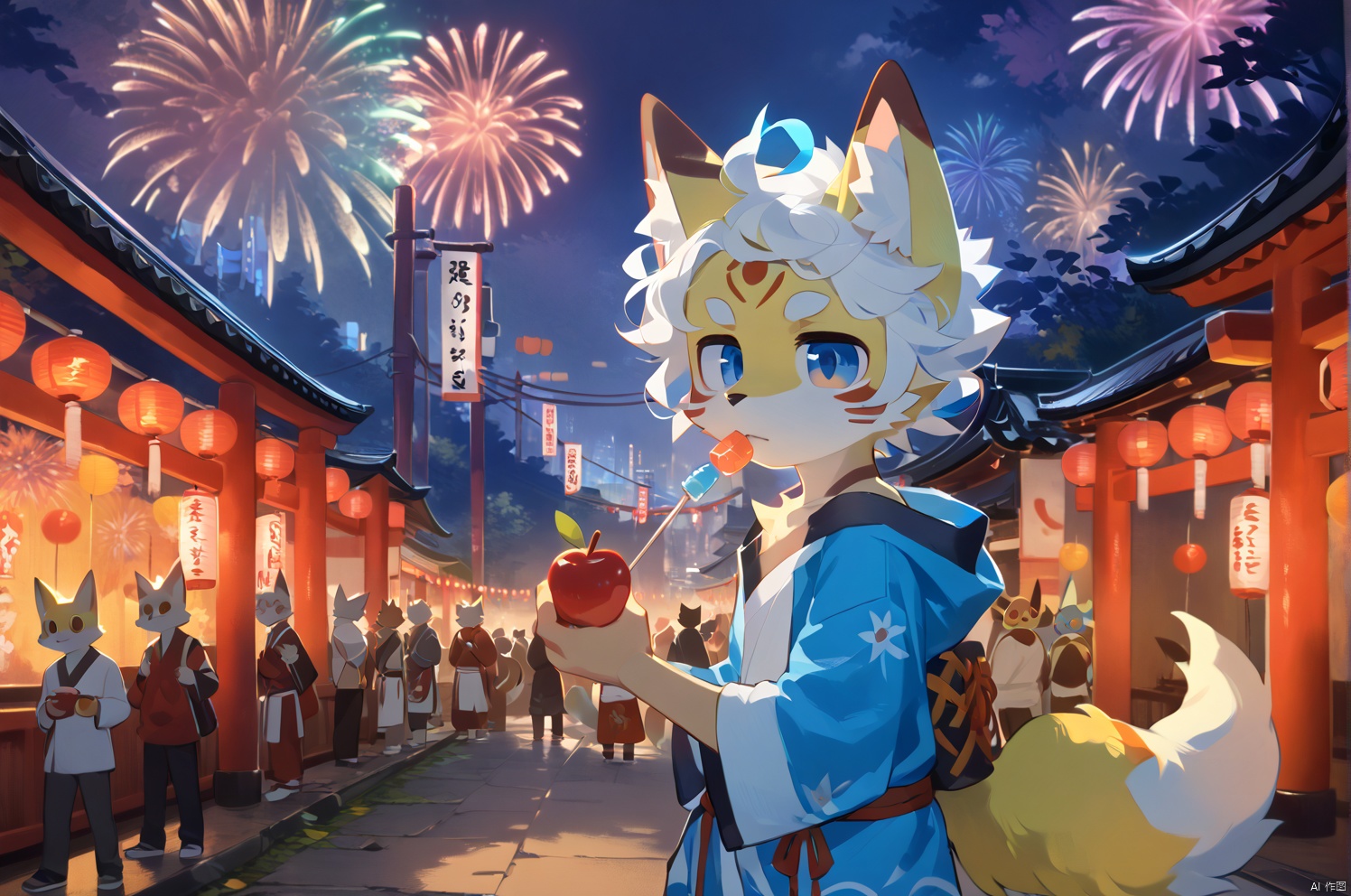 A boy with a fox mask on his forehead and a collarbone-length haircut with messy curls dons cat ears, his red and blue eyes gleaming amidst thick eyebrows. A scar adorns his nose as he gazes upwards, doggy eyes locked onto the night sky filled with fireworks. His orange scrubbed white hair flows in the gentle breeze, exposing his right shoulder as he stands barefoot near a torii gate at a lively festival. In one hand, he holds a handheld apple candy, while the other weaves feathers for a shrine. A bandaid wraps around his leg, and a bichu tail hangs down behind him. The cityscape sprawls out in the distance, illuminated by the vibrant lights of the festival.