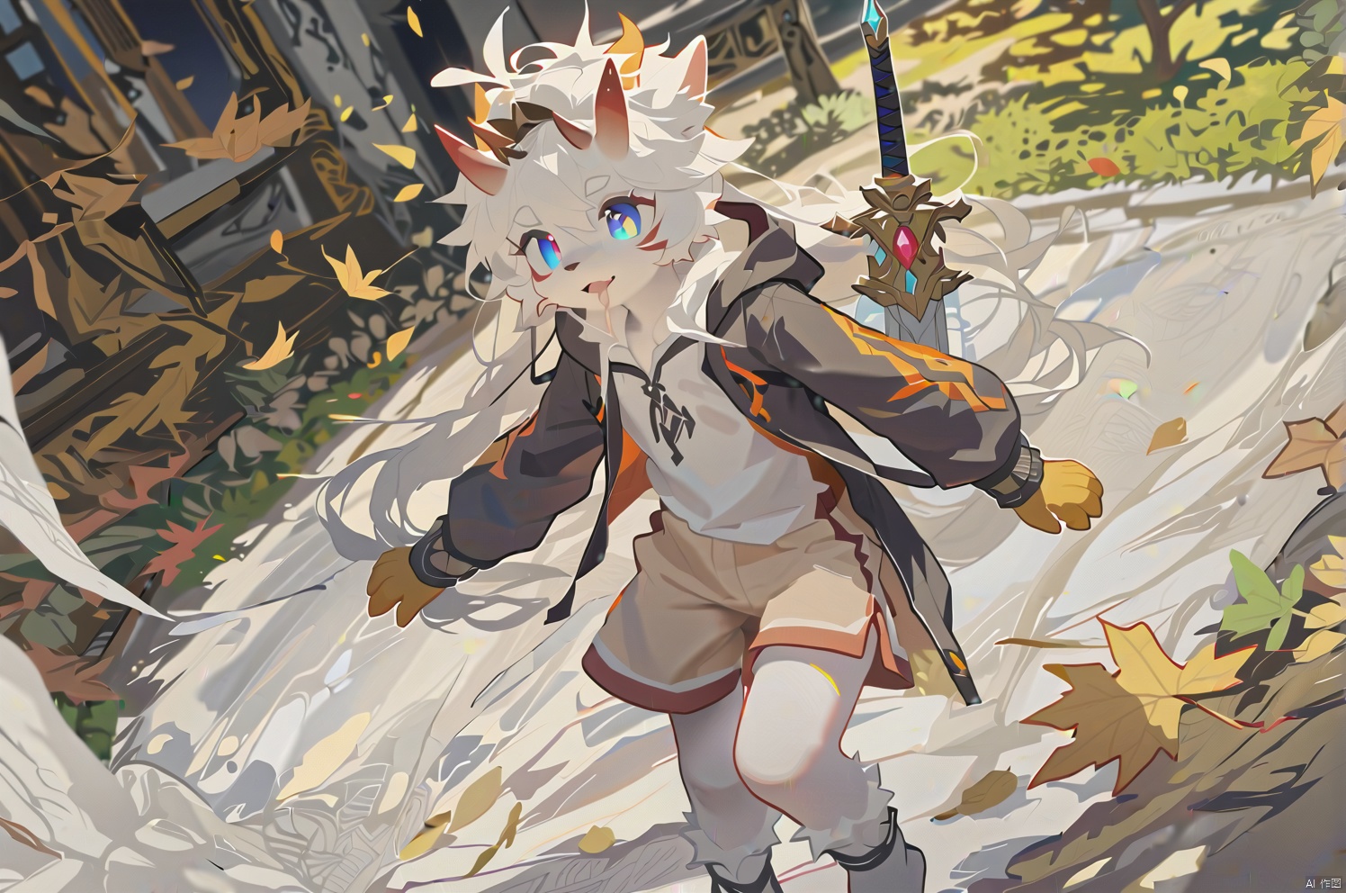 (masterpiece),(best quality),illustration,ultra detailed,hdr,Depth of field,(colorful),artist:wanke,artist:tianliang duohe fangdongye,bright outline,1girl, solo,dragon girl,slit pupils,blue pupils,glowing eyes,horns,long hair, floating hair, white hair, dragon tail, shiny butterfly, glowing butterfly, soft lawn, warm colors, Tyndall effect, Tyndall light, white long shirt, black sleeveless jacket, orange transparent sleeves, transparent Ceiling, fallen leaves, maple leaves, autumn, between two rows of trees there is a road filled with fallen leaves, in the middle of the road there is a beam of light shining on a sword stuck in the ground, sacred, ancient, side shot, wide angle shot, shorts, stepping Foot socks, hanging,transparent,transparent wings,Leather gloves, sharp teeth, mouth drool, clear glass strips, ancient wooden swords engraved with golden runes, foot socks, light gray foot socks, the bottom of the foot socks fades to black,source-furry,bichu