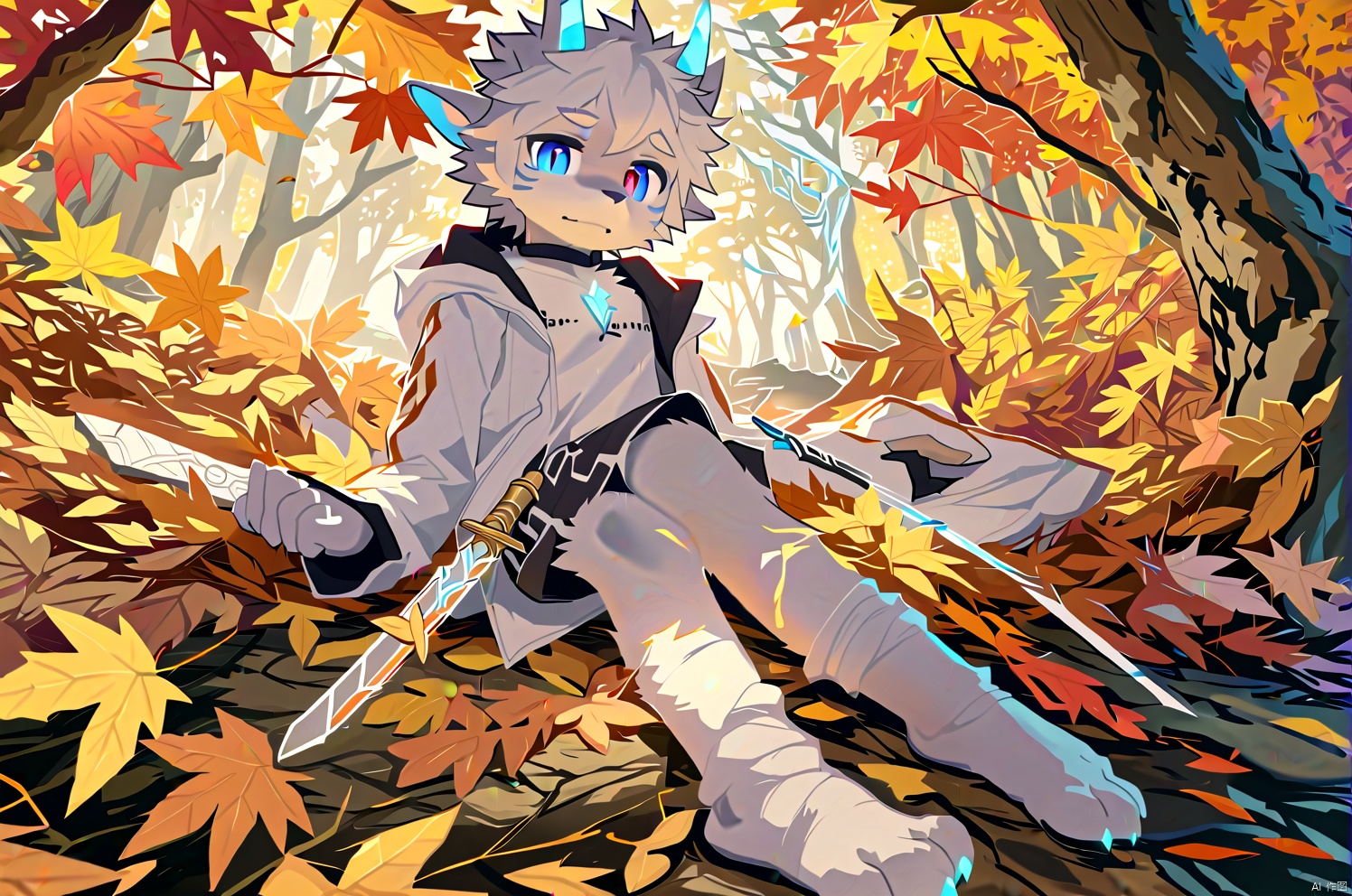 Depth of field,bright outline,1boy, solo,dragon boy,slit pupils,blue pupils,glowing eyes,horns,short hair, floating hair, white hair, dragon tail, shiny butterfly, glowing butterfly, soft lawn, warm colors, Tyndall effect, Tyndall light, white long shirt, black sleeveless jacket, orange transparent sleeves, transparent Ceiling, fallen leaves, maple leaves, autumn, between two rows of trees there is a road filled with fallen leaves, in the middle of the road there is a beam of light shining on a sword stuck in the ground, ancient, shorts, Transparent wings,Leather gloves, sharp teeth, clear glass strips, ancient wooden swords engraved with golden runes, foot socks, light gray foot socks, the bottom of the foot socks fades to black,source-furry,Choker ,upside-down