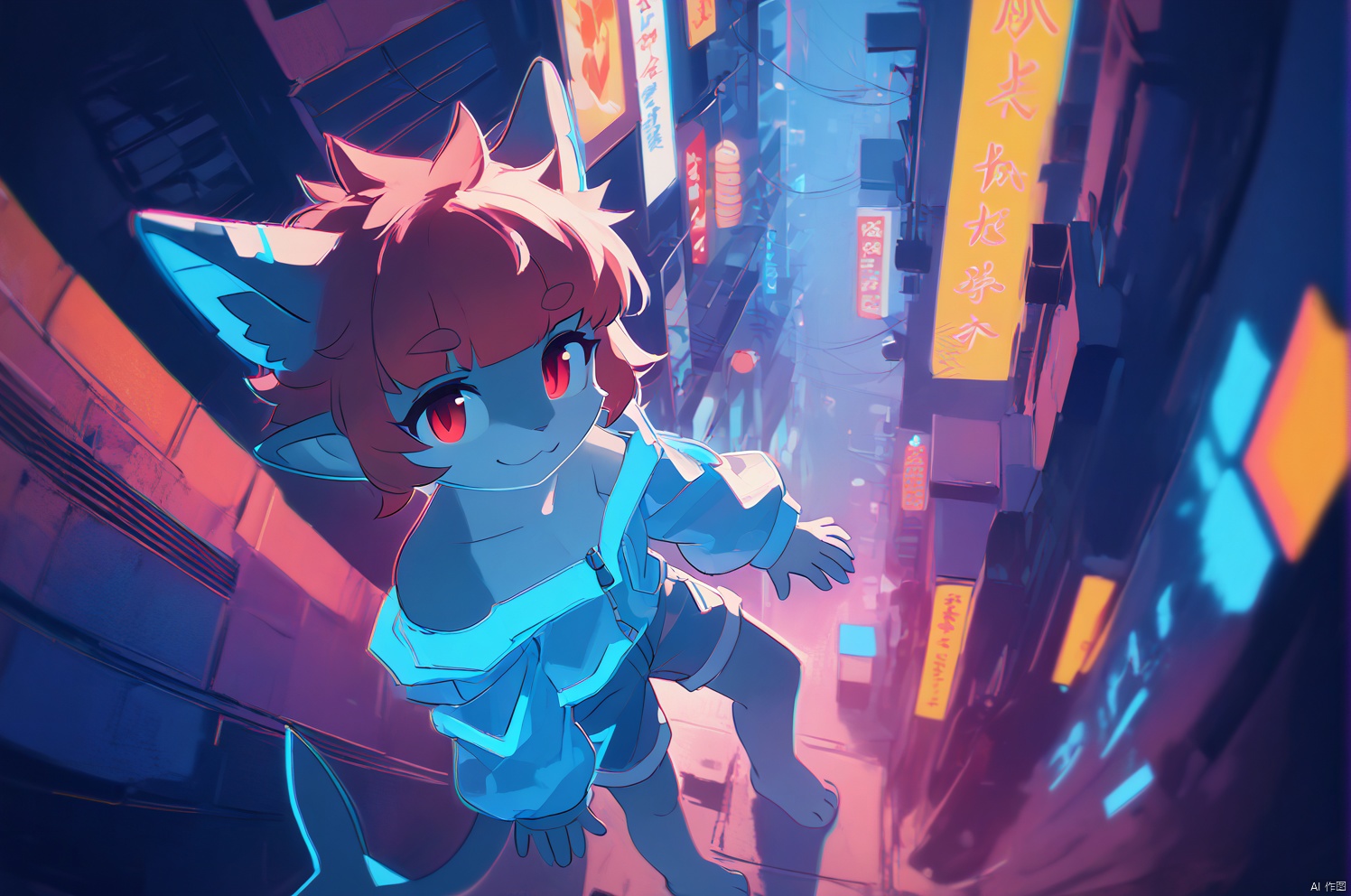 Depth of field, masterpiece,illustration,best quality,blue outline,streets with neon lights,blue fluorescent coatings,solo,from above,silhouette,partially colored,alternate color, High Angle ,dark violet shadow,synth wave,chromatic aberration,perfect shadow,wearing an off- shoulder floating jacket,bare shoulder,beautiful and delicate eyes,delicate background,blue neon light, red hair, red eyes, short hair, pointy ears,blunt bangs, smile,1boy,source-furry,Fish eye perspective,hongkong street,Floating holographic display screen,Neon billboard,shorts,bare foot,cat ear,shark tail,Jumping from a high altitude in a building,levitate