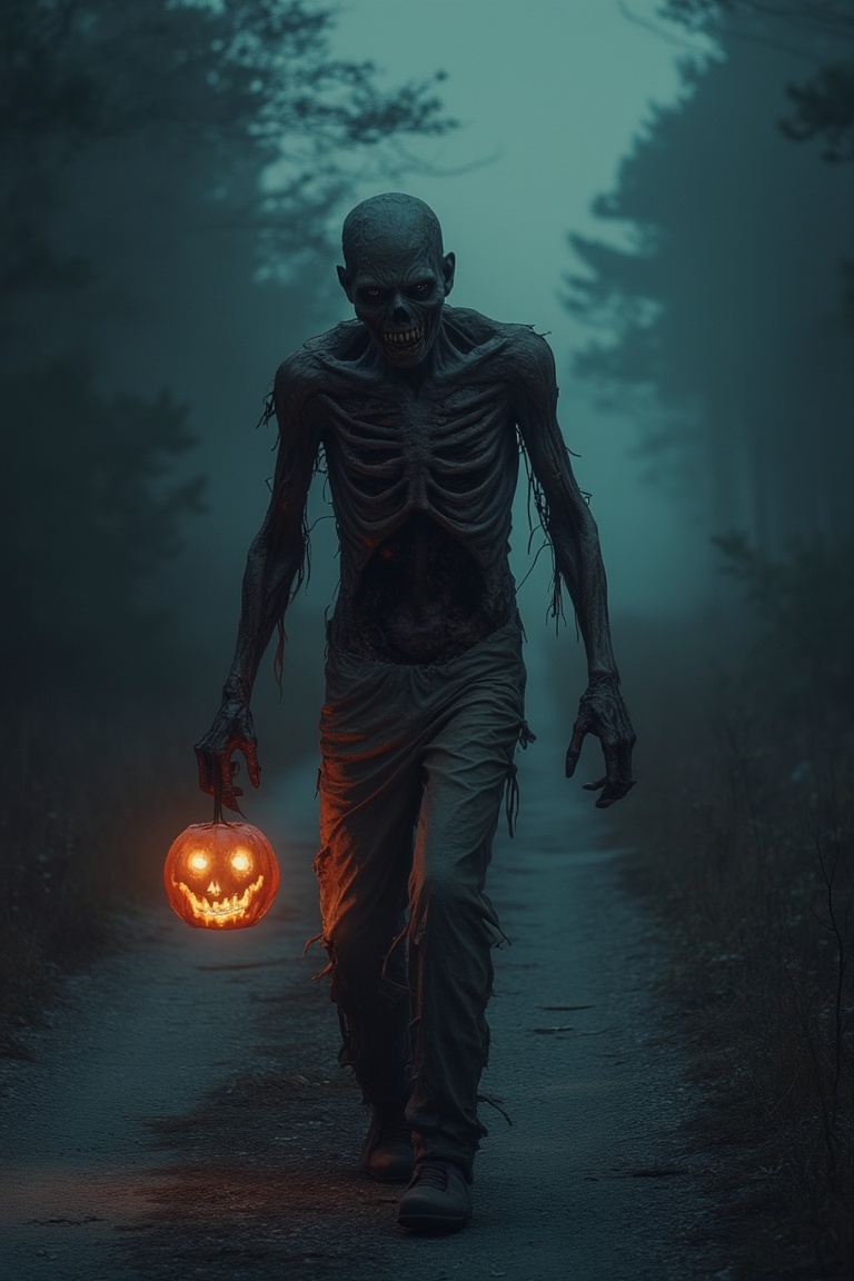 A spooky Halloween scene featuring a zombie,  its decaying body and tattered clothing barely holding together,  walking do...