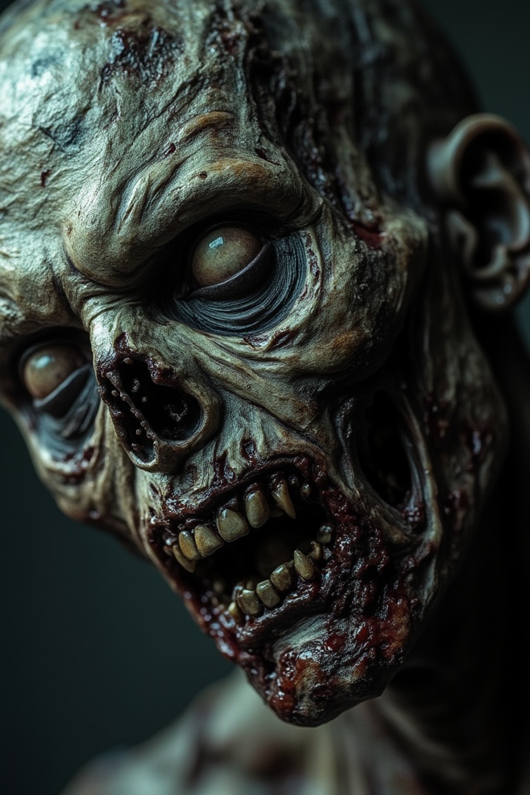 A close-up shot of a zombie's face,  its skin decaying and torn,  revealing bone and muscle underneath. The zombie's eyes...