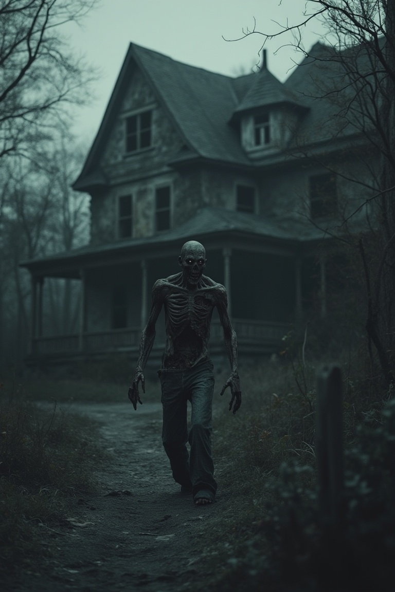 A half-medium shot of a zombie,  its decaying body and tattered clothing visible from the waist up. The zombie stands with...