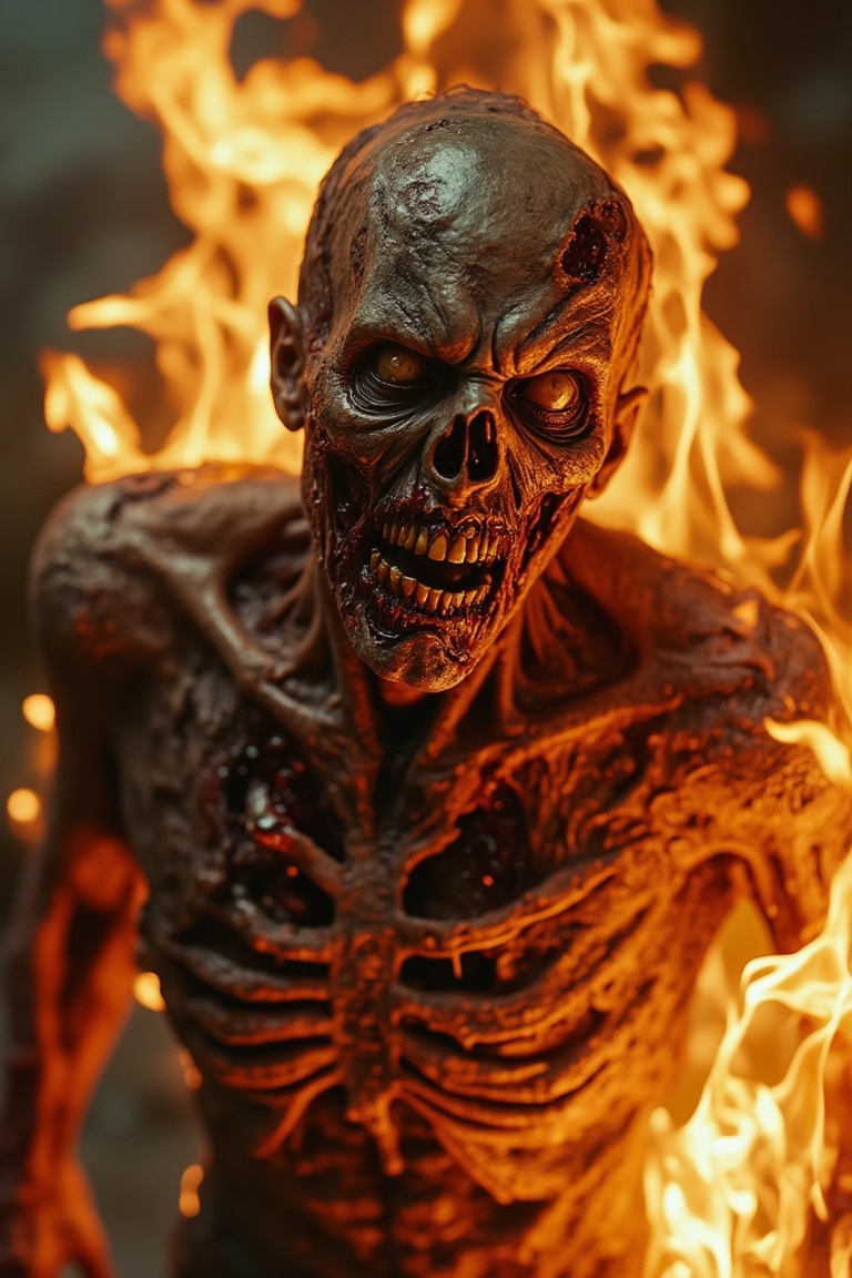 A close-up shot of a zombie,  its decaying body engulfed in flames,  with tattered clothing and exposed bones visible. The...