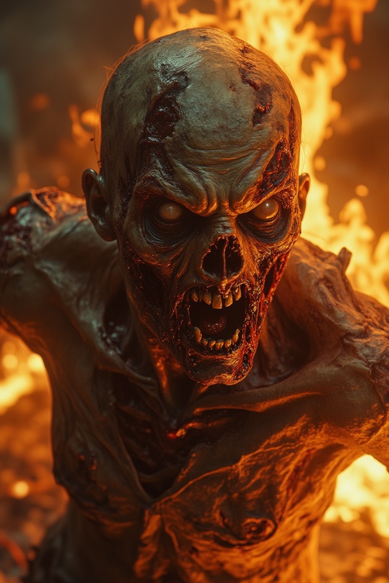 A close-up shot of a zombie,  its decaying body engulfed in flames,  with tattered clothing and exposed bones visible. The...
