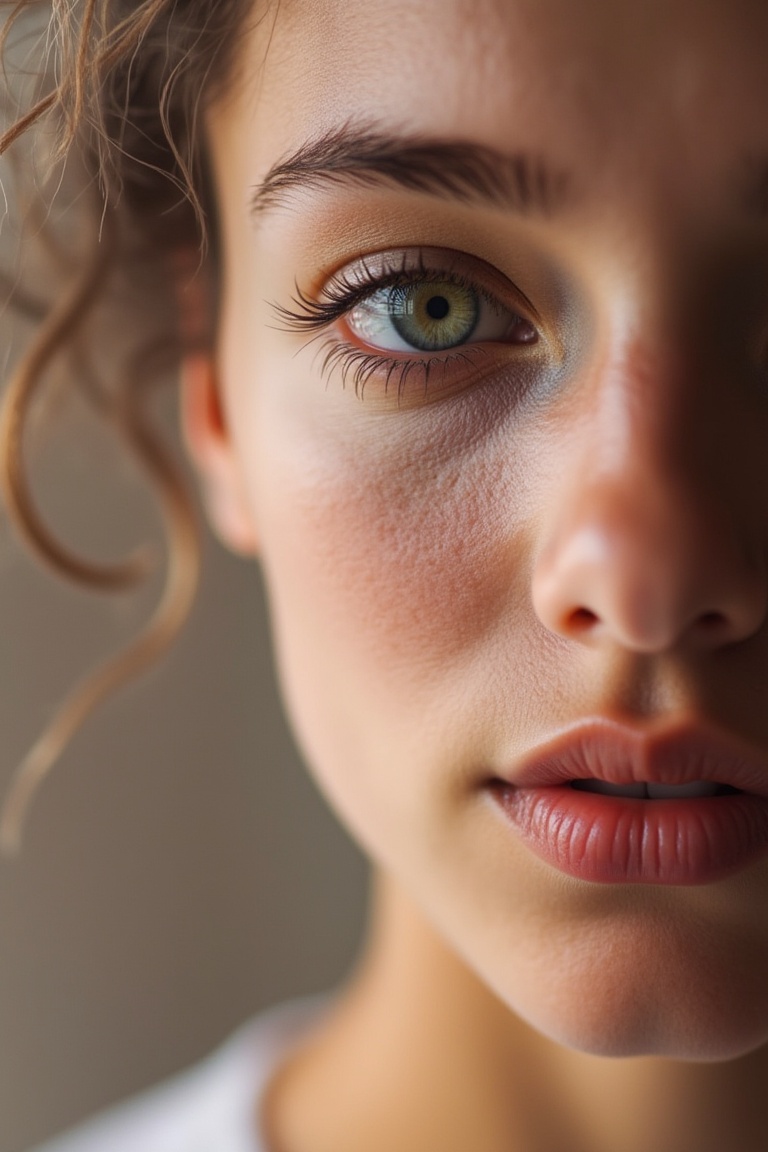 Macro photography style,  shallow depth of field,  close-up shot of a woman's face on Tensor.Art
