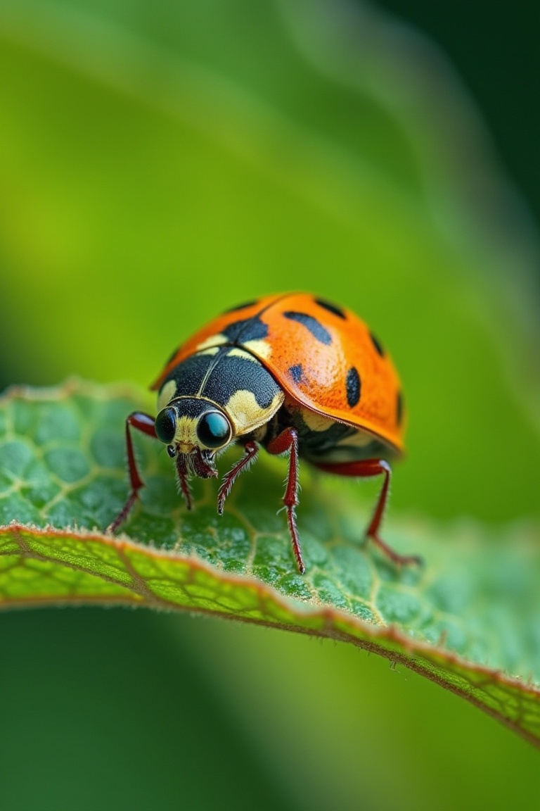 Macroscopic photography of a ladybug on a green leaf,  shallow depth of field with a blurred background,  sharp focus on t...
