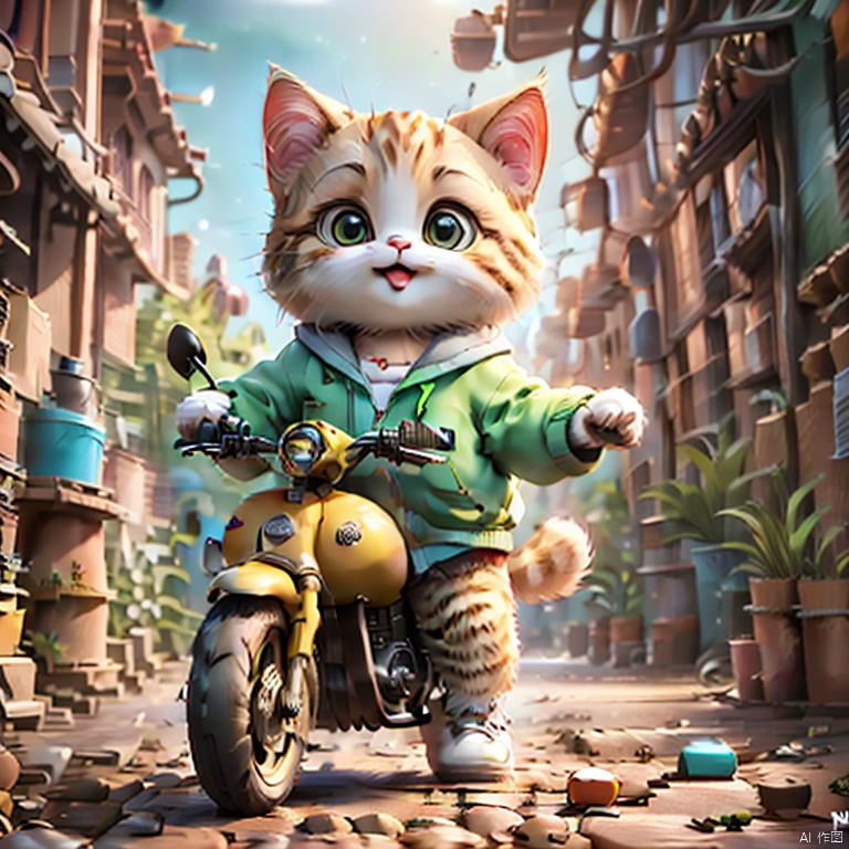 A little girl,Kitten playing on an electric bike, happy, high quality, super detailed, 8k
